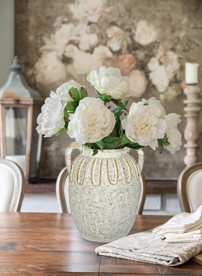 GnFlus Vintage Ceramic Vase with 2 Handles,Farmhouse Boho Vase for Home Decor, Petal-Like Pluting Rustic Vase for Flower, Centerpiece Table Decoration 6.1 Inch - Image 4